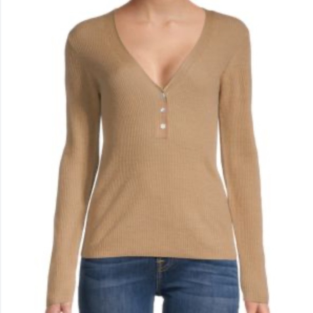 Vince Cashmere Long Sleeve V-Neck Henley in Camel, size M - Picture 1 of 7
